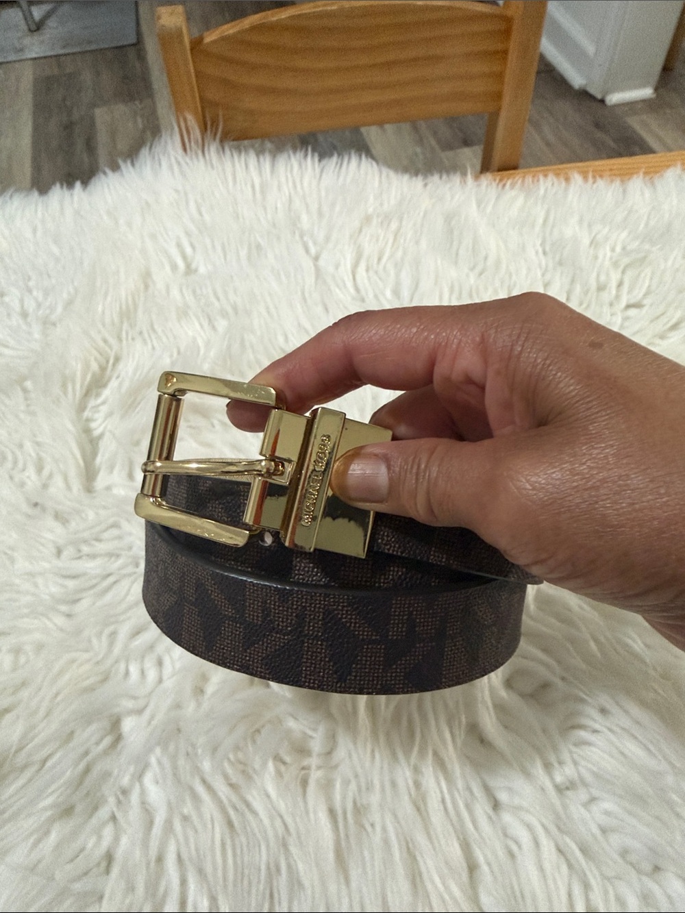 Michael Kors Brown Monogram Leather Belt with Gold Buckle Size Medium